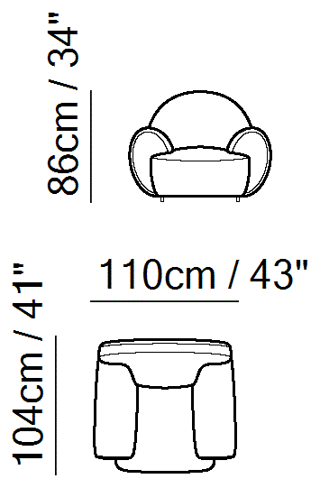 Memoria Sectional by Natuzzi Italia: Chair, outline drawing with sizes