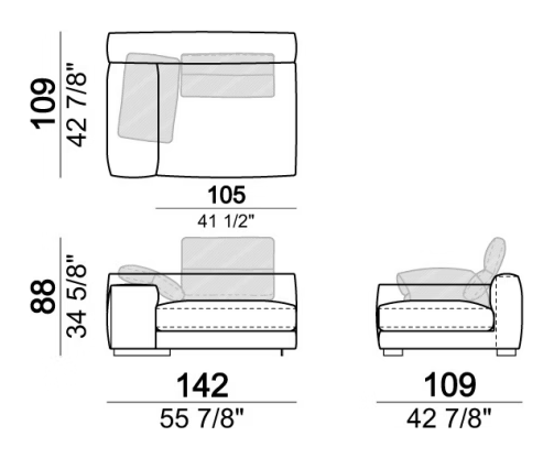 Atlas Sofa by Arketipo, size drawing: Right or left unit LARGE