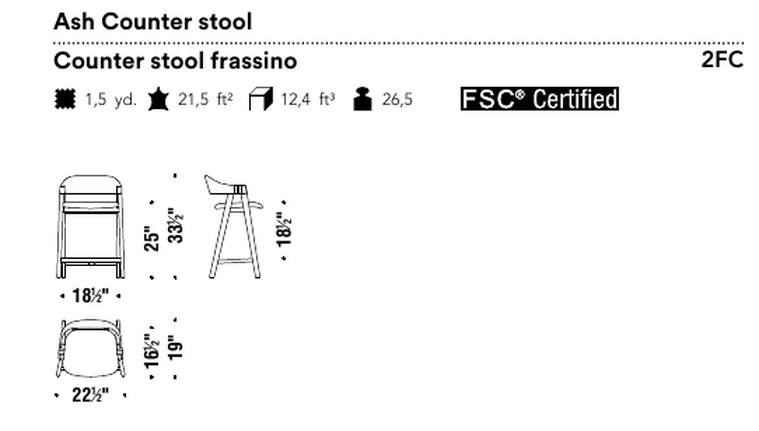 Mathilda Stool by Moroso, size drawing: Ash Counter stool