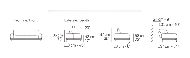 Monforte Sofa by Nicoline, size drawing: Front and side views