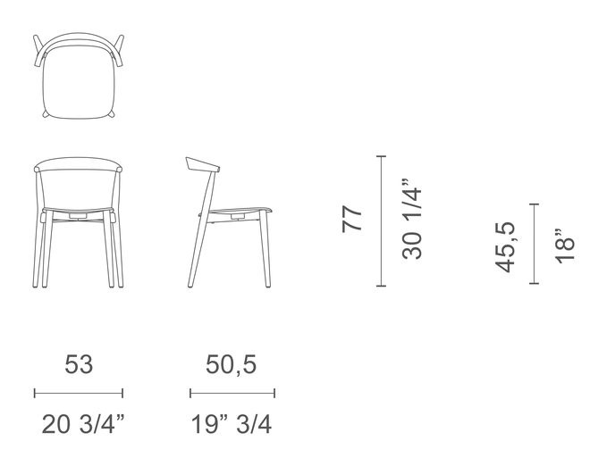 Newood Light Chair by Cappellini, size drawing: NWL1