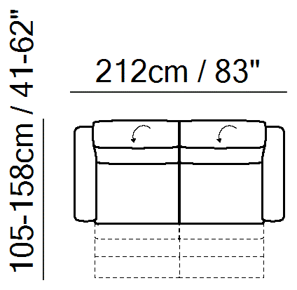 Diesis Sectional by Natuzzi Italia: Three-seater sofa with two cushions and two electric recliner functions, outline drawing with sizes