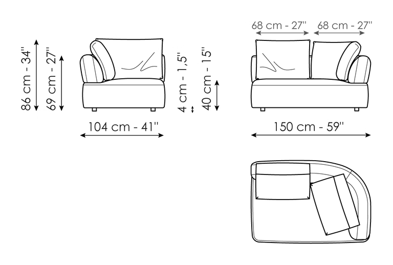 Aldebaran Sofa by Bonaldo, size drawing: End section sofa 150