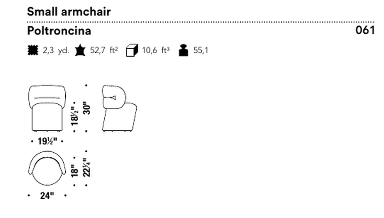 Getlucky Armchair by Moroso, size drawing: Small armchair