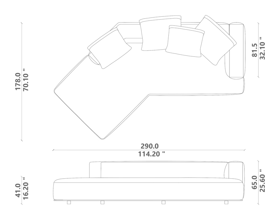 Paco Angled Sofa by Talenti, size drawing: Angled 03 left