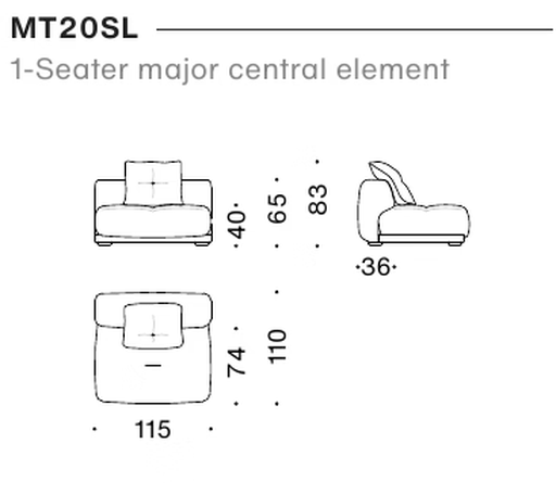 Me-Time Sofa by Moroso, size drawing: 1-Seater major central element