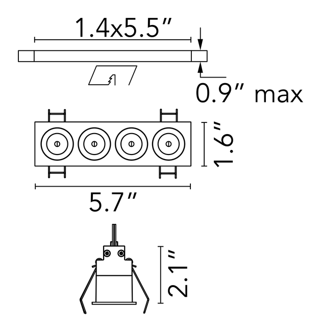 Light Shadow Trim Downlight by Flos, size drawing: Light Shadow Fixed Trim 4 Spots