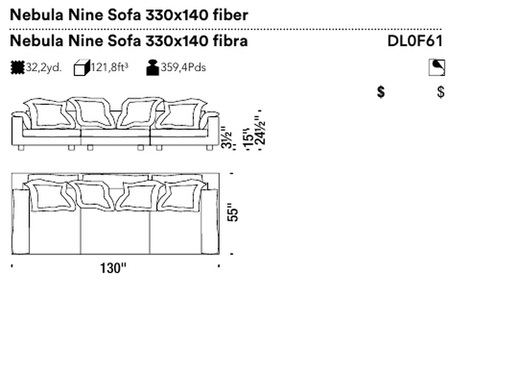 Nebula Nine Sofa by Moroso, size drawing: Nebula Nine Sofa 330x140 fiber
