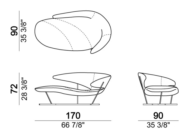 Manta Chaise Lounge by Arketipo, size drawing
