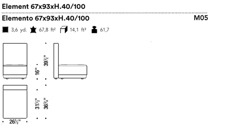Bikini Island Modular Sofa by Moroso, size drawing: Element 67x93xH.40/100
