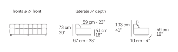 Zara Sofa by Nicoline, size drawing: Front and side views