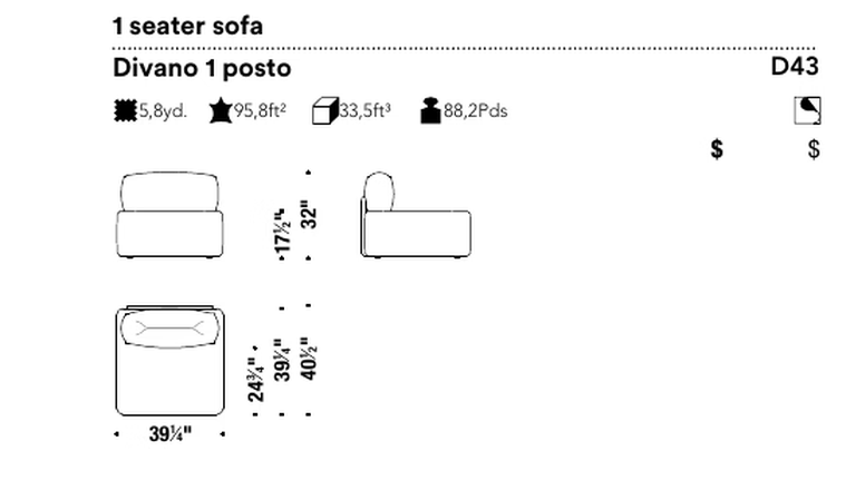 D-Uffle Sofa by Moroso, size drawing: 1 seater sofa