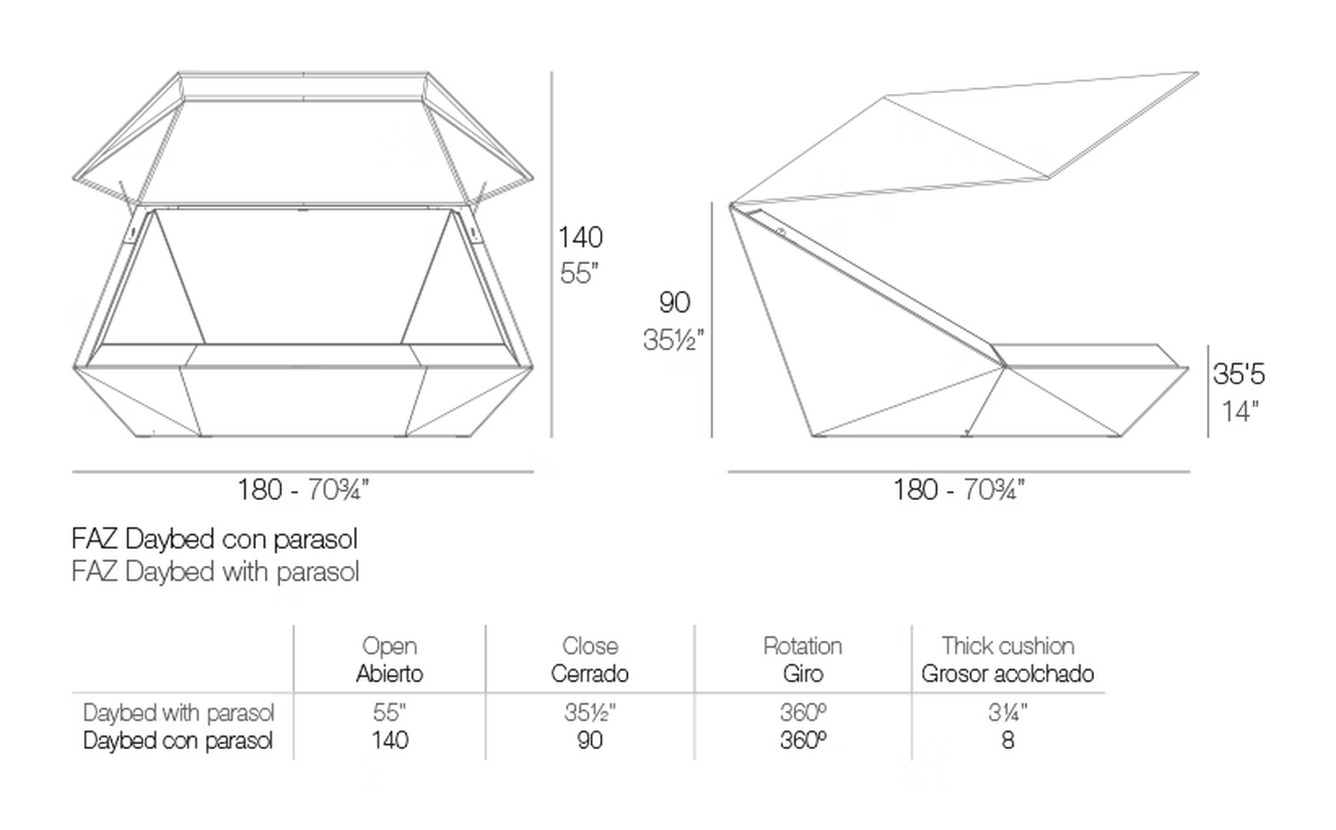 Faz Daybed With Hinged Canopy by Vondom, size drawing