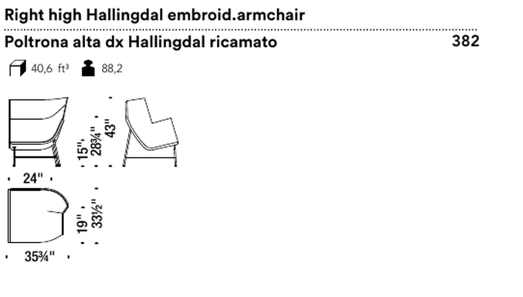 Paper Planes Armchair by Moroso, size drawing: Right high Hallingdal embroid.armchair