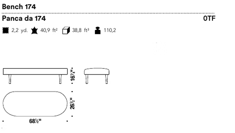 Josephine Ottoman Bench by Moroso, size drawing: Bench 174