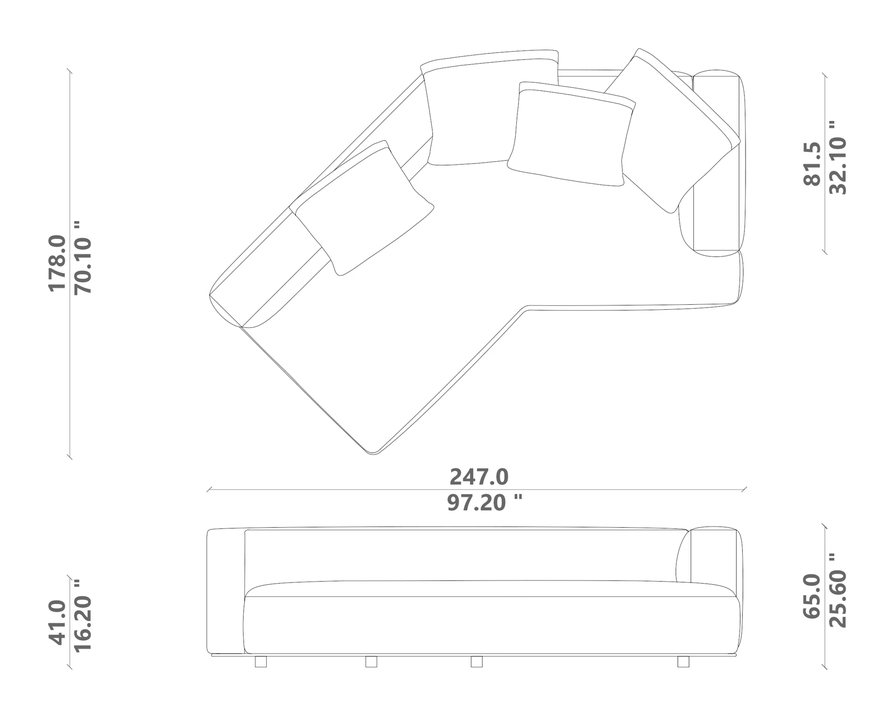 Paco Angled Sofa by Talenti, size drawing: Angled 02 left