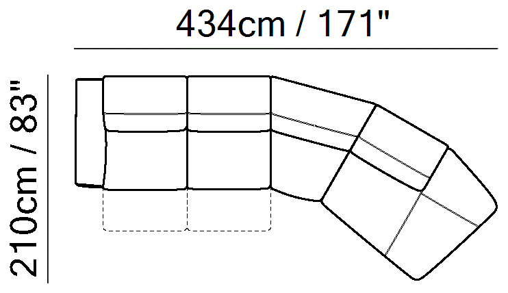 Pagoda Sectional by Natuzzi Italia: Modular sofa with adjustable headrests, outline drawing with sizes