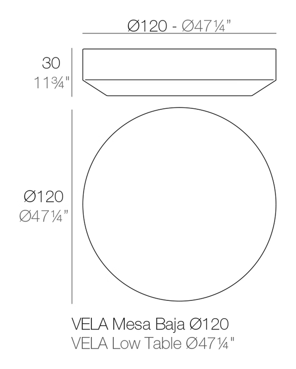 Vela Round Coffee Table by Vondom, size drawing