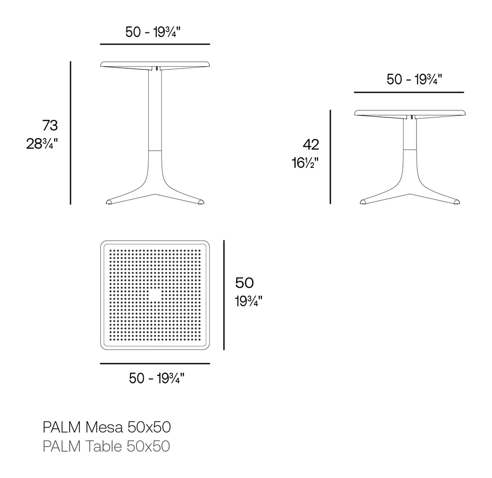 Palm Table 50 × 50 by Vondom, size drawing
