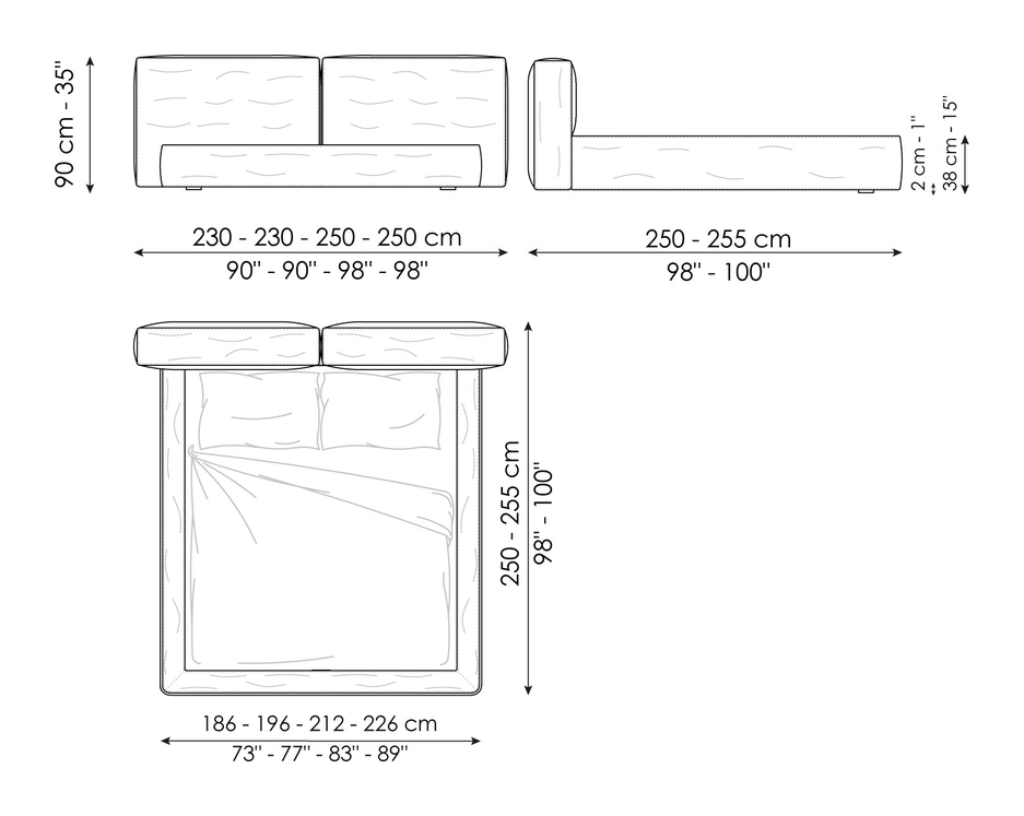 Fluff Double Bed by Bonaldo, size drawing: Fluff