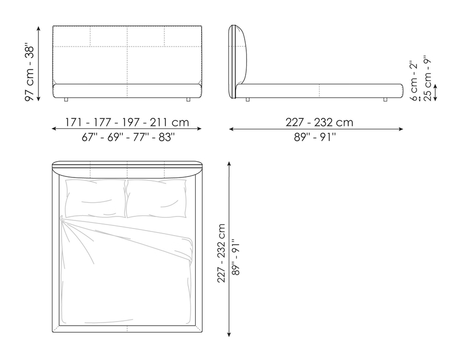 Oris Double Bed by Bonaldo, size drawing