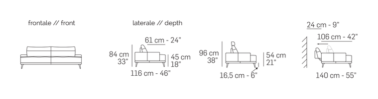 Egeo Sofa by Nicoline, size drawing: Front and side views