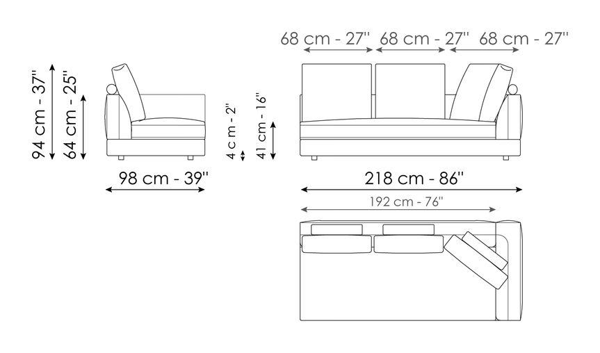 Liam Sofa by Bonaldo, size drawing: End section sofa 218