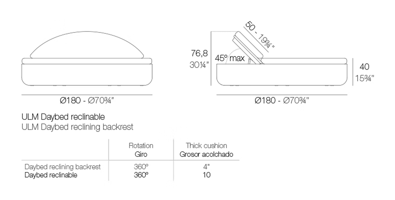 Ulm Round Daybed by Vondom, size drawing