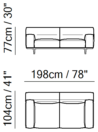 Kendo Sectional by Natuzzi Italia: Two-seater sofa, outline drawing with sizes