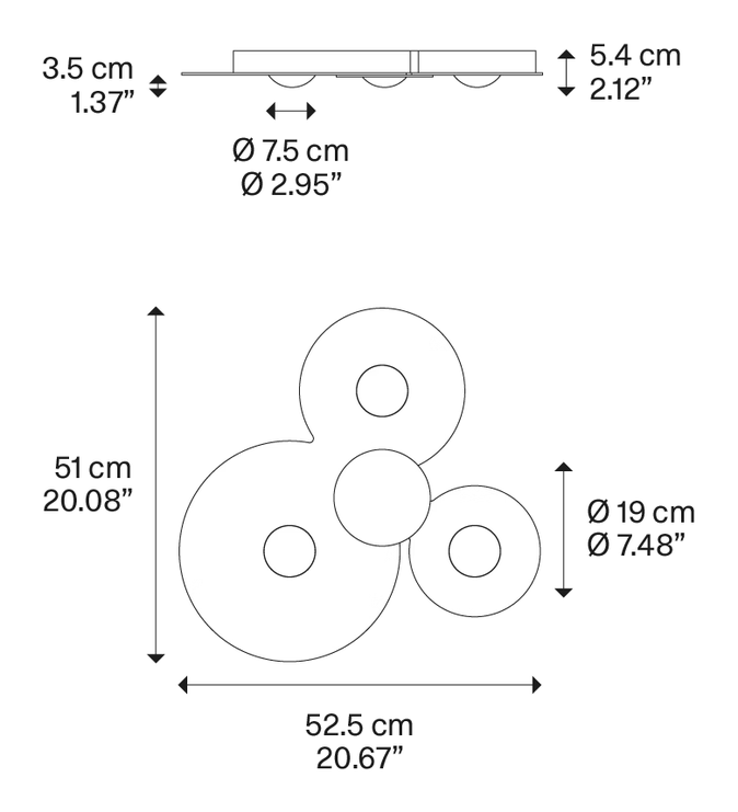 Bugia Ceiling Lamp by Lodes, size drawing: Bugia Triple