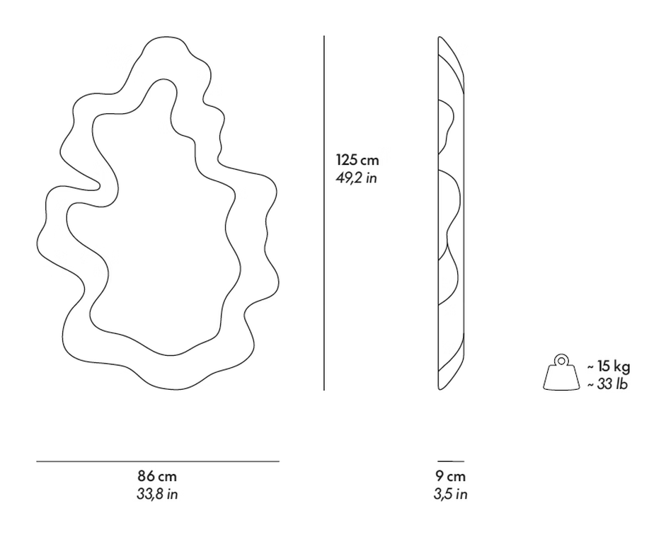 Sculpted Mirror by Gufram, size drawing