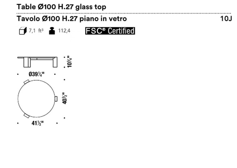 Gogan Coffee Table by Moroso, size drawing: Table Ø100 H.27 glass top