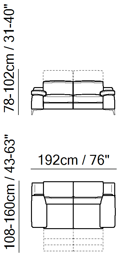 Duca Sectional by Natuzzi Italia: Two-seater sofa with two electric recliner functions, outline drawing with sizes