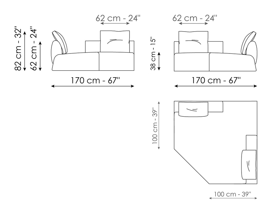 Boolean Sofa by Bonaldo, size drawing: Angled penisola