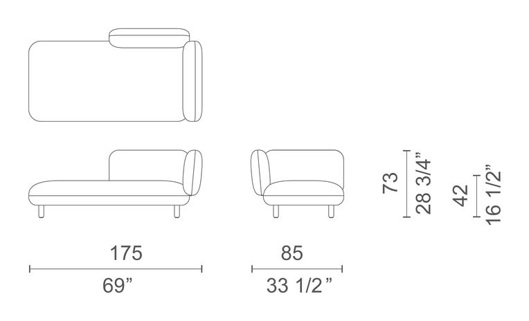 Hobo Contract Sofa by Cappellini, size drawing: HOB44