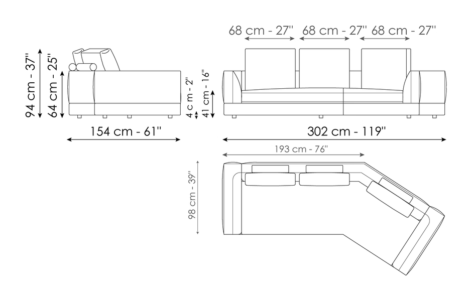 Liam Sofa by Bonaldo, size drawing: Angular sofa 302