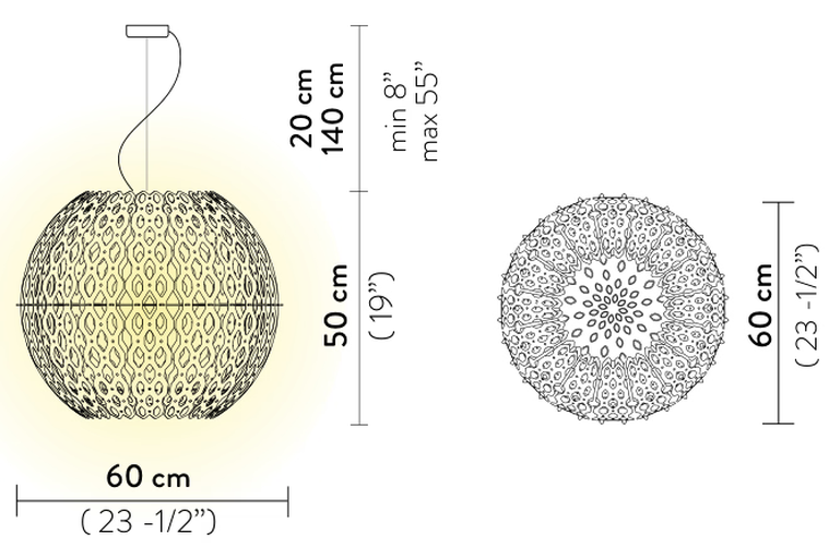 Charlotte Globe Pendant Lamp by Slamp, size drawing