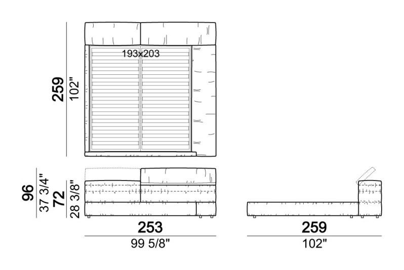 Mayfair Dream Bed by Arketipo, size drawing: Bed with right or left large frame
