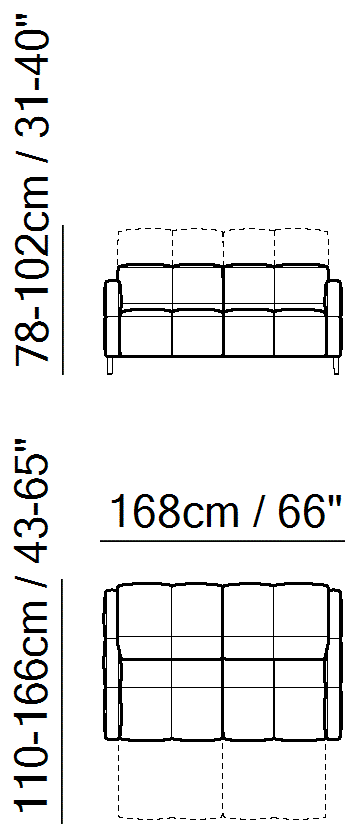 Philo Sectional by Natuzzi Italia: Two-seater sofa with two electric recliner functions, outline drawing with sizes
