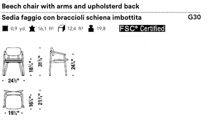 Klara Dining Chair by Moroso, size drawing: Beech chair with arms and upholsterd back