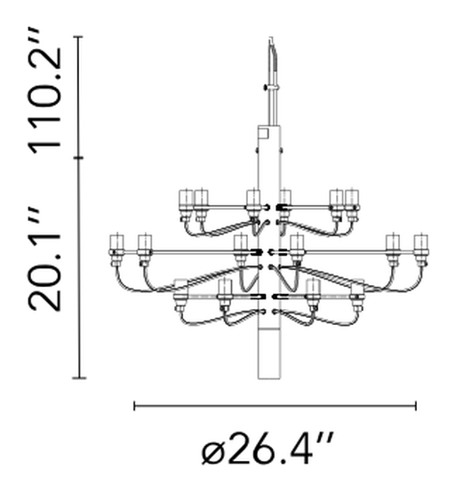 2097/18 Pendant Lamp by Flos, size drawing: 2097/18 US Chandelier with Incandescent & LED light bulbs