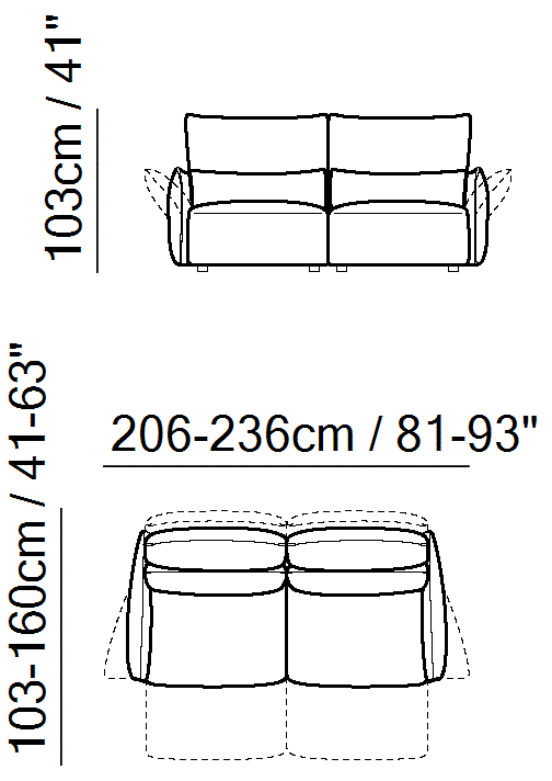 Wellbe Sectional by Natuzzi Italia: Power Reclining 3-Seat Sofa, 2 Recliners, outline drawing with sizes