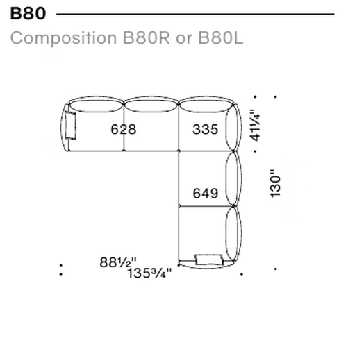 Gentry Sofa by Moroso, size drawing: Composition B80R or B80L