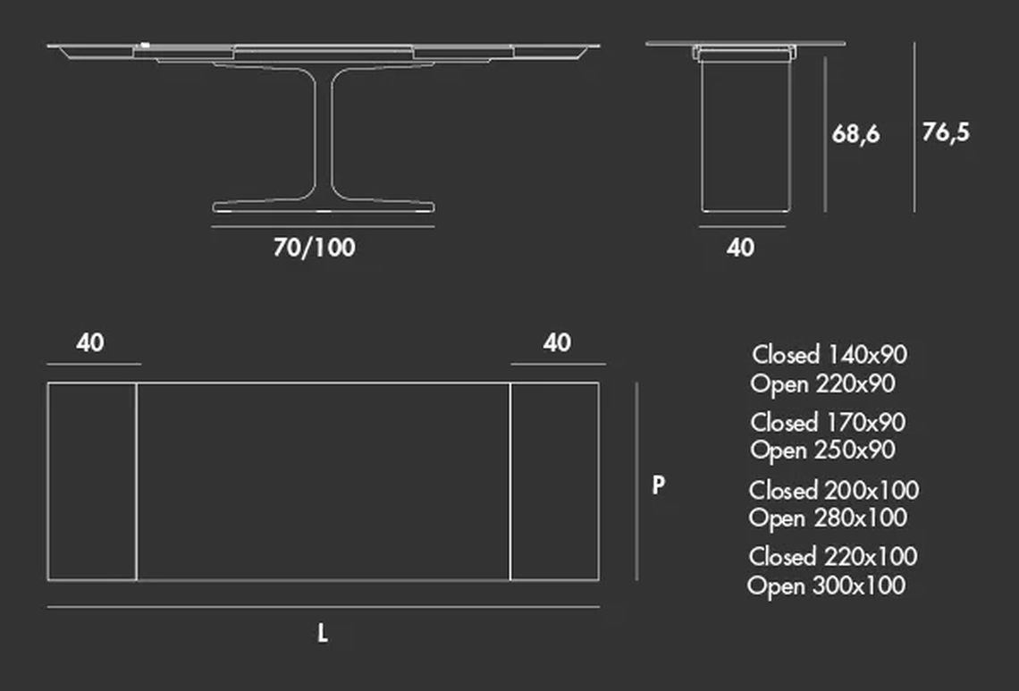 Palace Rectangular Extendable Table by Sovet, size drawing