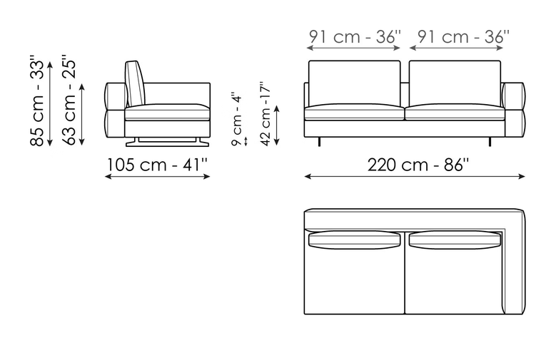 Ever More Sofa by Bonaldo, size drawing: End section sofa 220