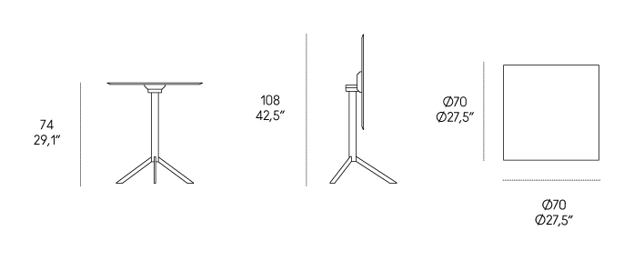 T4 Squared Bistro Table by Casamania, size drawing
