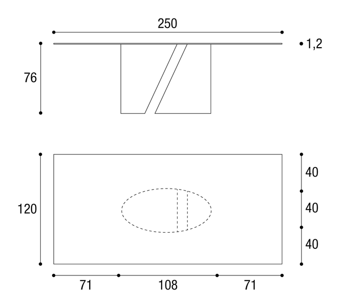 Wadi Dining Table by Lago, size drawing: 2515E