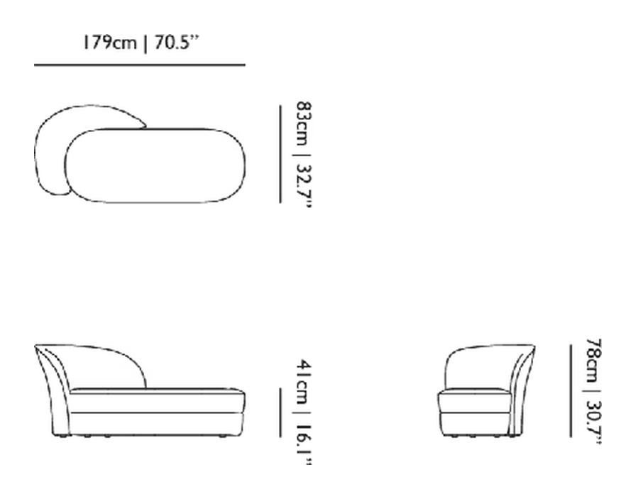 Aldora Chaise Lounge by Moooi, size drawing: Left