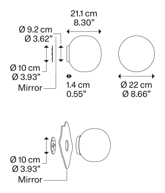 Volum Wall Lamp by Lodes, size drawing: Volum mirror 22
