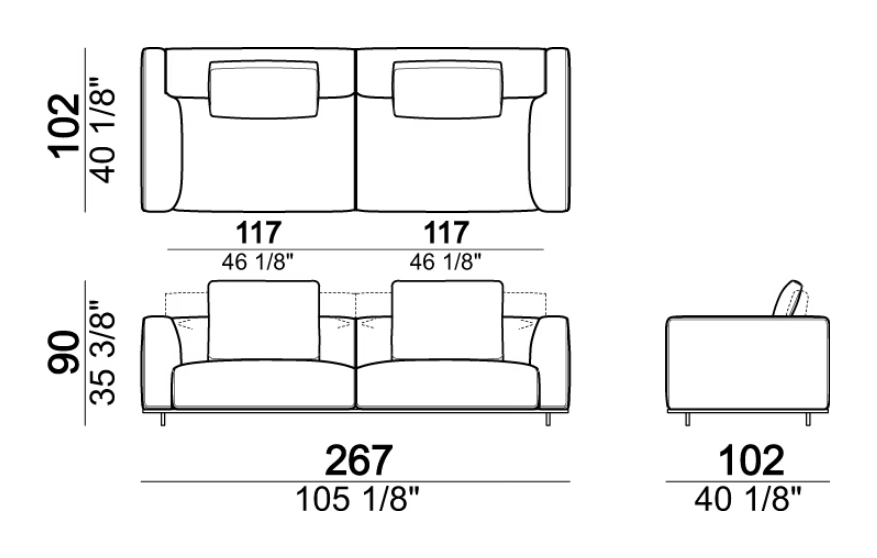 Hackman Sofa by Arketipo, size drawing: Sofa